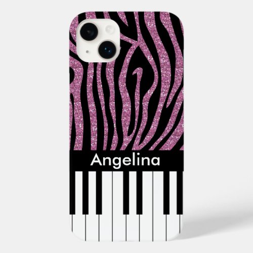 Personalized Piano Keys Pink Glitter Zebra Print Case_Mate iPhone 14 Plus Case