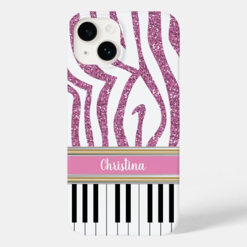 Personalized Piano Keys Pink Glitter Zebra Print Case_Mate iPhone 14 Case