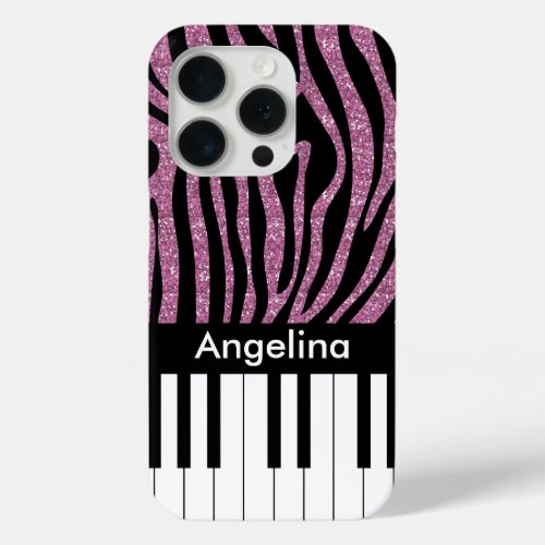 Personalized Piano Keys Pink Glitter Zebra Print iPhone 15 Pro Case