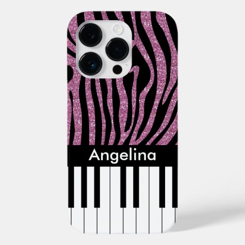 Personalized Piano Keys Pink Glitter Zebra Print Case_Mate iPhone 14 Pro Case