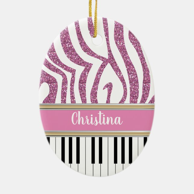 Personalized Piano Keys Pink Glitter Zebra Print Ceramic Ornament (Back)