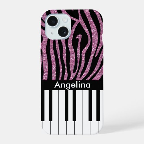 Personalized Piano Keys Pink Glitter Zebra Print iPhone 15 Case