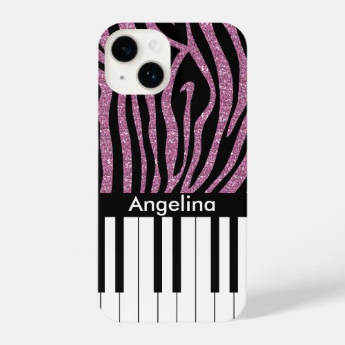 Personalized Piano Keys Pink Glitter Zebra Print iPhone 14 Case
