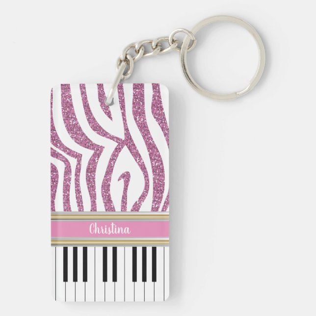 Personalized Piano Keys Pink Glitter Zebra Print Keychain (Back)