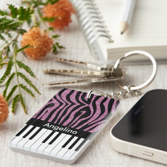 Personalized Piano Keys Pink Glitter Zebra Print Keychain