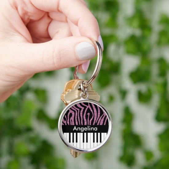 Personalized Piano Keys Pink Glitter Zebra Print Keychain