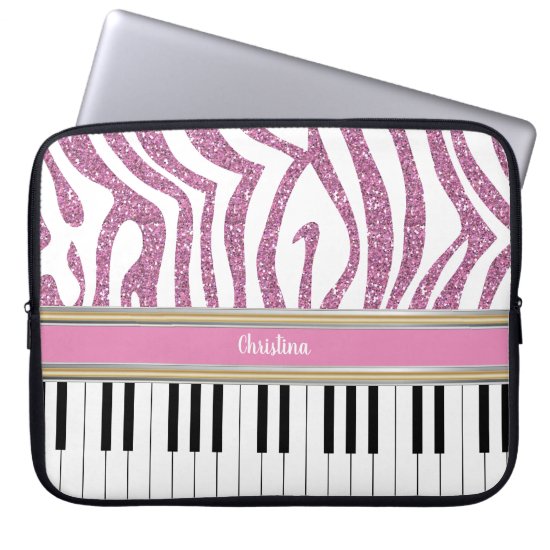 Personalized Piano Keys Pink Glitter Zebra Print Laptop Sleeve