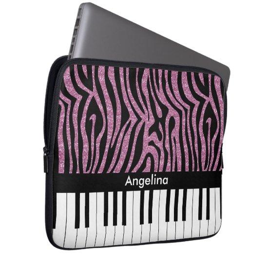 Personalized Piano Keys Pink Glitter Zebra Print Laptop Sleeve