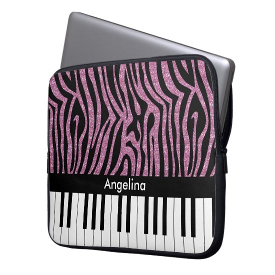 Personalized Piano Keys Pink Glitter Zebra Print Laptop Sleeve