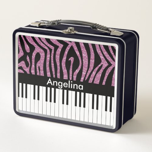 Personalized Piano Keys Pink Glitter Zebra Print Metal Lunch Box