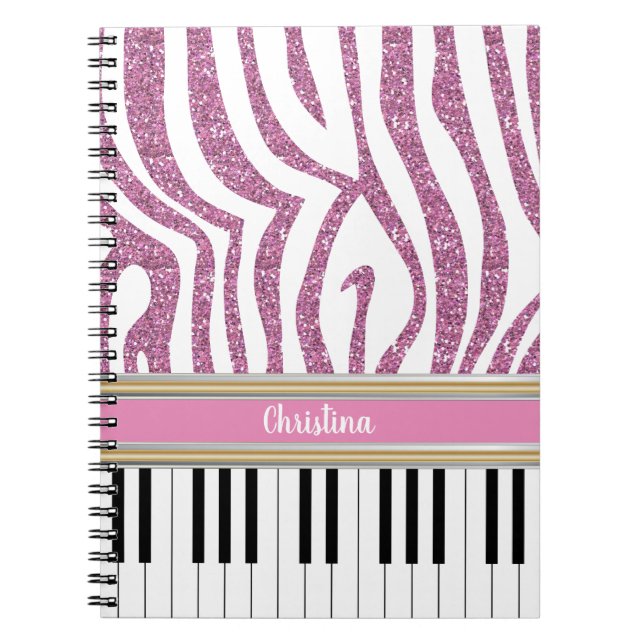 Personalized Piano Keys Pink Glitter Zebra Print Notebook (Front)