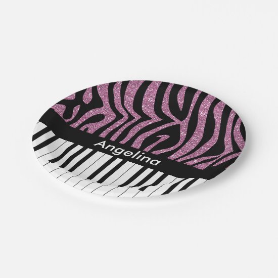 Personalized Piano Keys Pink Glitter Zebra Print Paper Plate