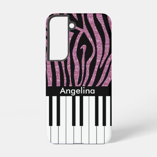 Personalized Piano Keys Pink Glitter Zebra Print Samsung Galaxy S22 Case