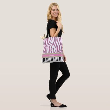 Personalized Piano Keys Pink Glitter Zebra Print Tote Bag by giftsbonanza at Zazzle