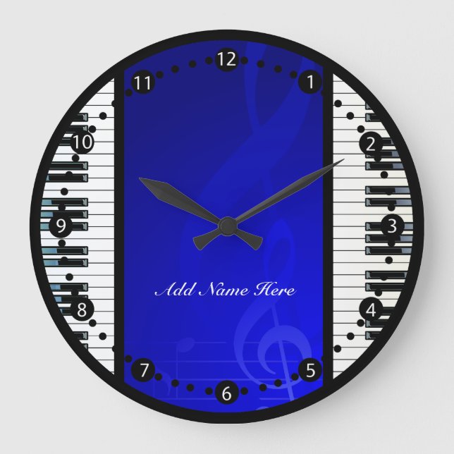 Personalized Piano Keys with Blue  Musical Notes Large Clock (Front)