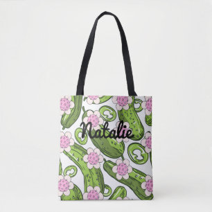 Personalized pickleball and pickle patterned tote bag