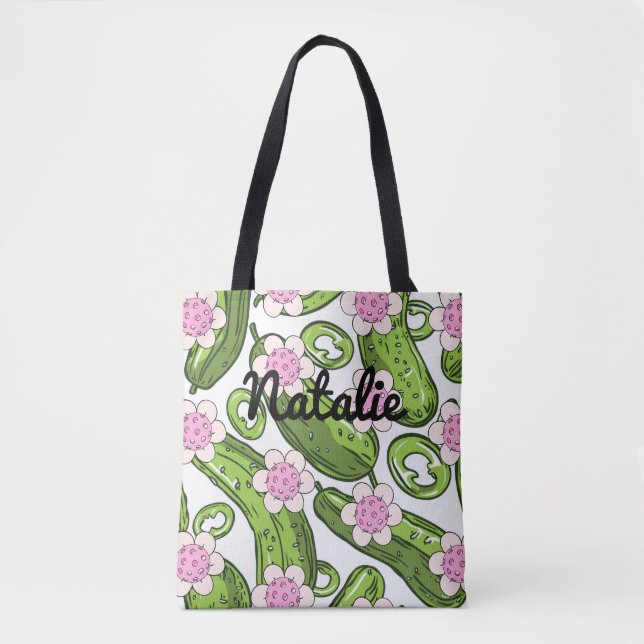 Personalized pickleball and pickle patterned  tote bag (Front)