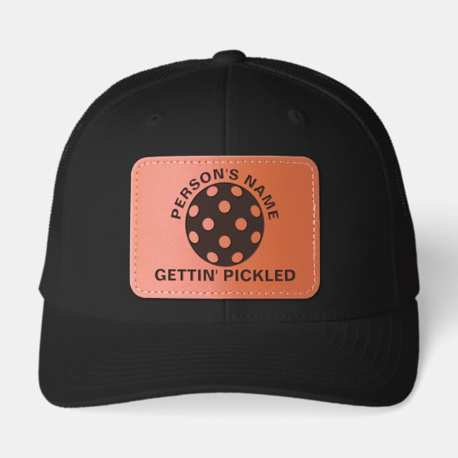 Personalized Pickleball Name GETTIN' PICKLED Leather Patch Hat (Front)
