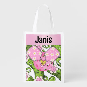 personalized pickleball pickles flower ball themed grocery bag