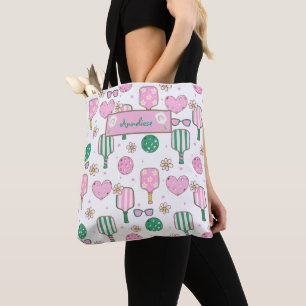 Personalized Pickleball Pink and Green Pattern Tote Bag