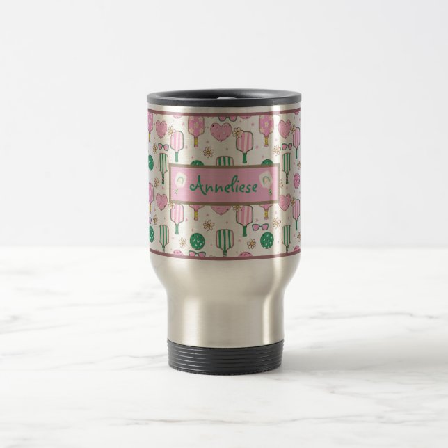 Personalized Pickleball Pink and Green Pattern Travel Mug (Center)