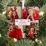 Personalized Picture Collage Photo Christmas Metal Ornament<br><div class="desc">Modern photo Christmas ornament with a simple design featuring a photo collage of your eight of favorite pictures, four on the front and four on the back. Square pictures work best. In the middle is the greeting "Merry Christmas" along with your name(s) and year in red over a white background....</div>