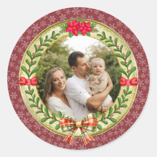 Personalized Picture Frame and Christmas Wreath  Classic Round Sticker