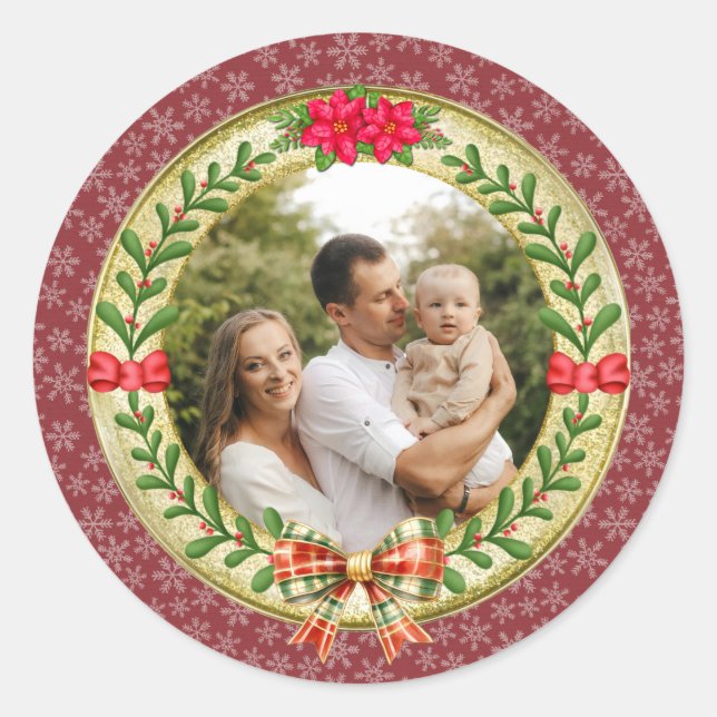 Personalized Picture Frame and Christmas Wreath  Classic Round Sticker (Front)