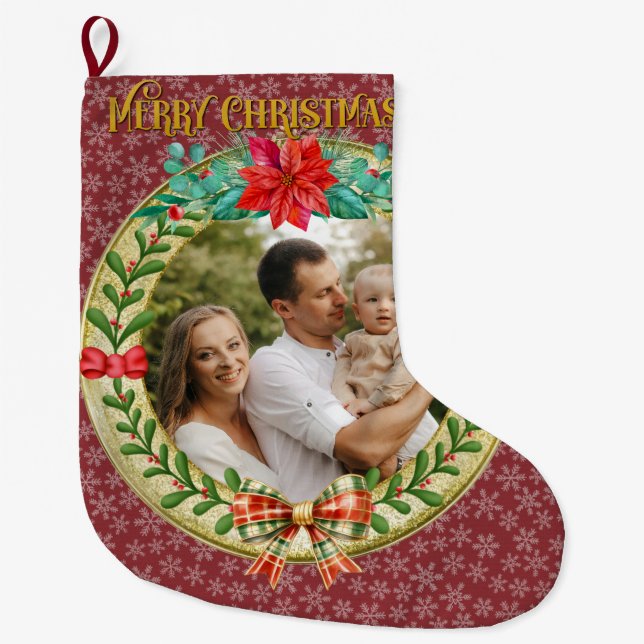 Personalized Picture Frame and Christmas Wreath  L Large Christmas Stocking (Front)
