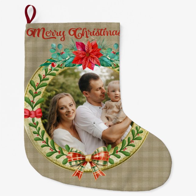 Personalized Picture Frame and Christmas Wreath  Large Christmas Stocking (Front)