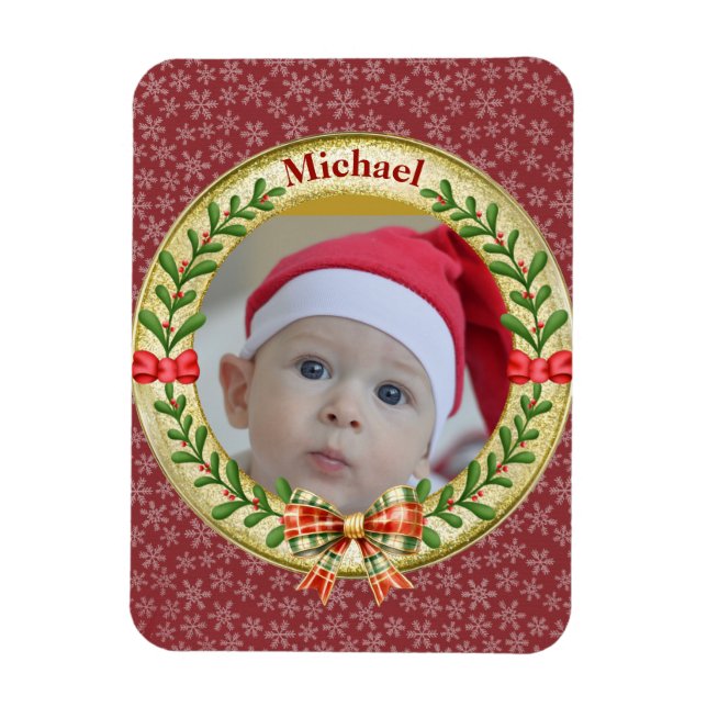 Personalized Picture Frame and Christmas Wreath  Magnet (Vertical)