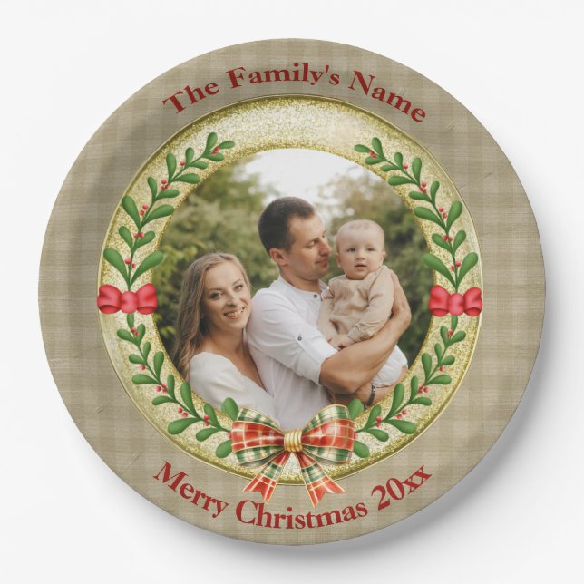 Personalized Picture Frame and Christmas Wreath  P Paper Plates (Front)