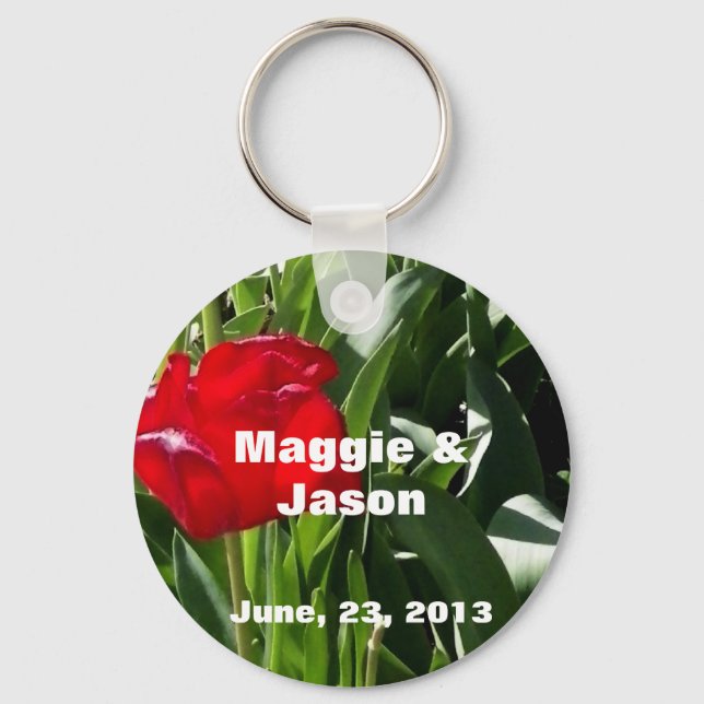Personalized Picture of red Tulips Save the Date Keychain (Front)