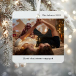 Personalized Picture Our First Christmas Engaged Metal Ornament<br><div class="desc">Commemorate a milestone holiday with the Personalized Picture Our First Christmas Engaged Metal Ornament. This couple photo ornament is the perfect way to capture your engagement and celebrate your first Christmas together. Featuring a modern minimalist black and white aesthetic, this ornament elegantly showcases your favorite photo with a simple yet...</div>