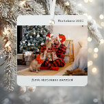 Personalized Picture Our First Christmas Married Metal Ornament<br><div class="desc">Celebrate your first holiday season as a married couple with the Personalized Picture Our First Christmas Married Metal Ornament. This beautifully designed keepsake features your favorite couple photo, making it a heartfelt way to honor your newlywed status. The sleek, minimalist black and white design, paired with simple typewriter typography, gives...</div>