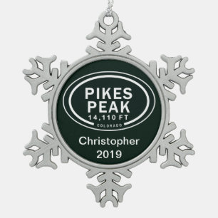 Personalized Pikes Peak Colorado Springs Mountain Snowflake Pewter Christmas Ornament