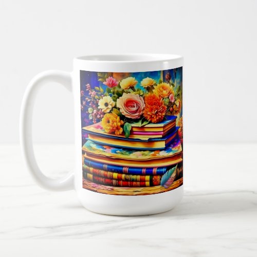 Personalized Pile of Vintage Books and Flowers Coffee Mug