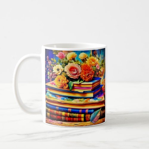 Personalized Pile of Vintage Books and Flowers Coffee Mug