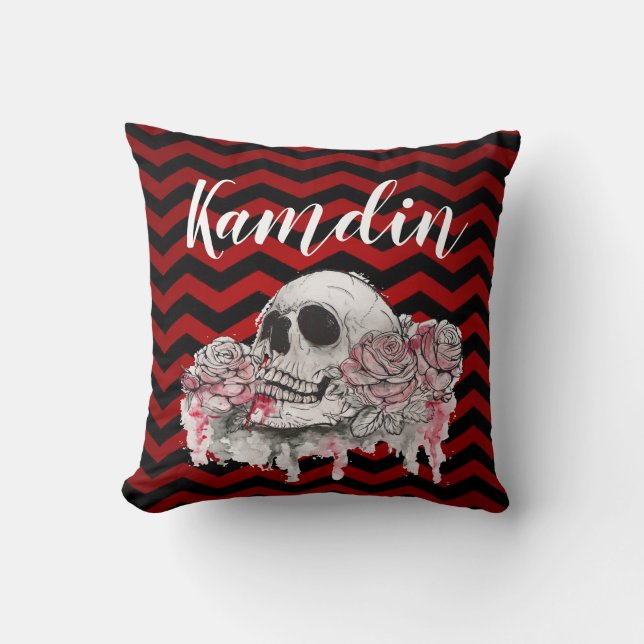 Personalized Pillow skull Rose Gothic Chevron red (Front)