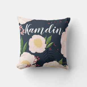 Personalized Pillow White Floral Flowers on Dark B