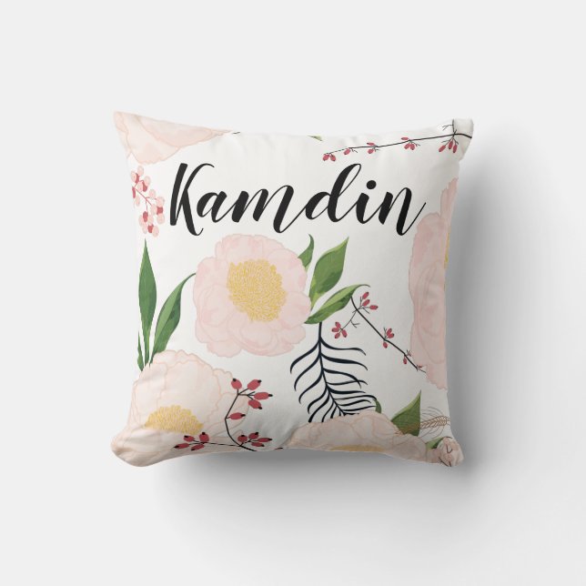Personalized Pillow White Floral Flowers on White (Front)