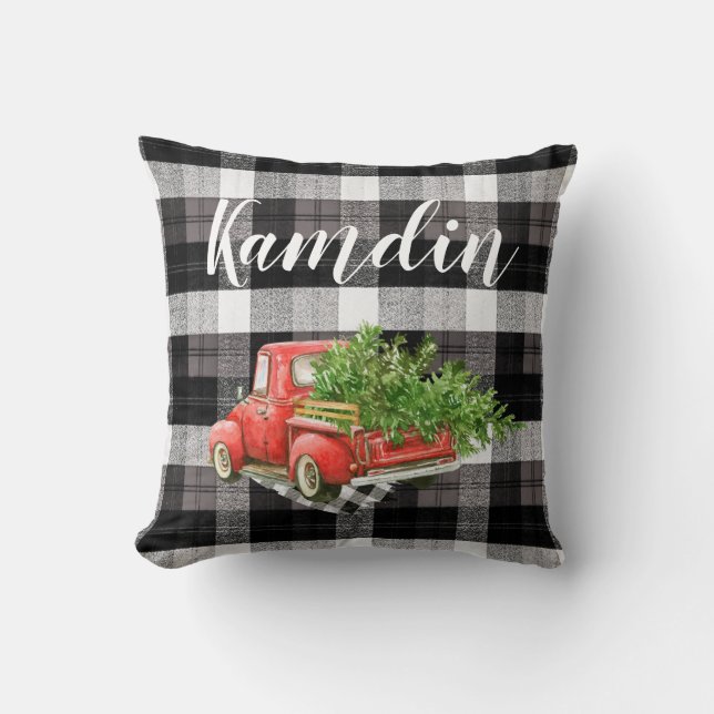 Personalized Pillow XMAS Truck Baffalo Plaid Black (Front)