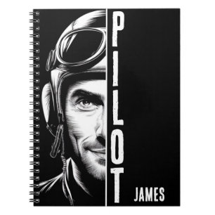 Personalized, Pilot Face, Comic, Black and White Notebook