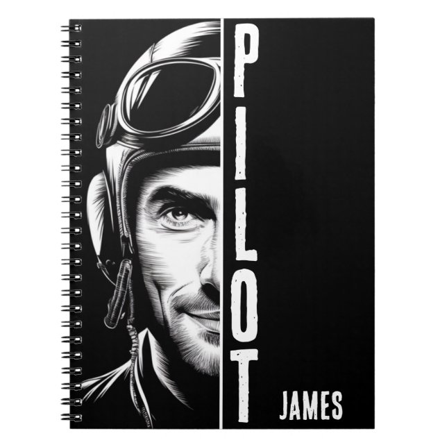Personalized, Pilot Face, Comic, Black and White Notebook (Front)