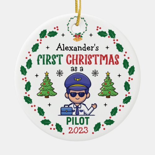 Personalized Pilot First Christmas Tree Round Ceramic Ornament