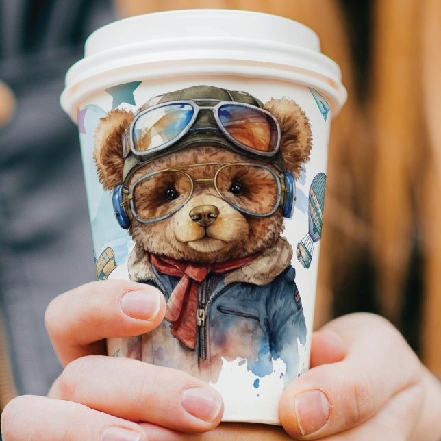 Personalized Pilot Teddy Bear Birthday Paper Cups (Creator Uploaded)