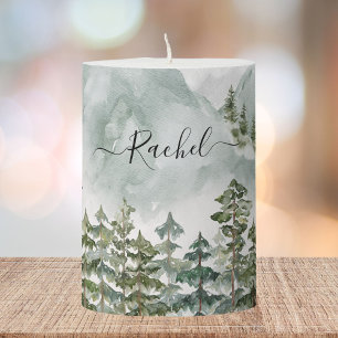 Personalized Pine Forest and Mountains Pillar Candle