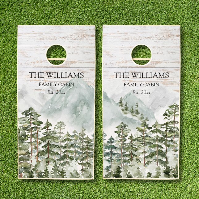 Personalized Pine Forest Mountains Wood Cornhole Set (In situ)