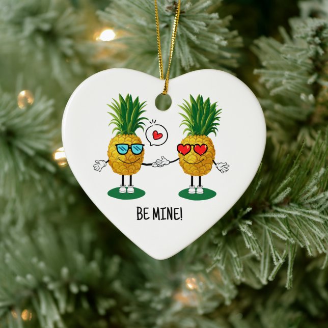 Personalized Pineapple Emoji Love Couple Ceramic Ornament (Tree)