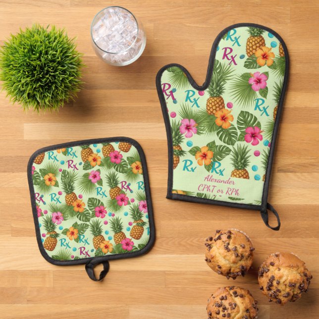 Personalized Pineapple & Hibiscus Pharmacy Oven Mitt & Pot Holder Set (Top Down)